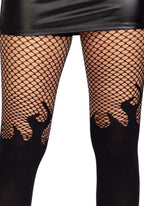 Opaque flame tights with fishnet top.