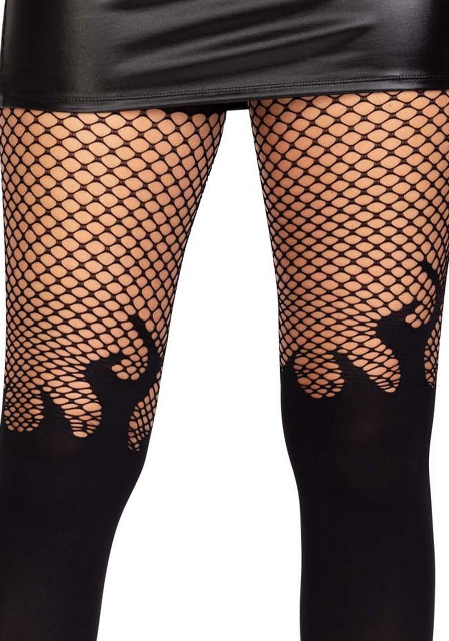 Opaque flame tights with fishnet top.