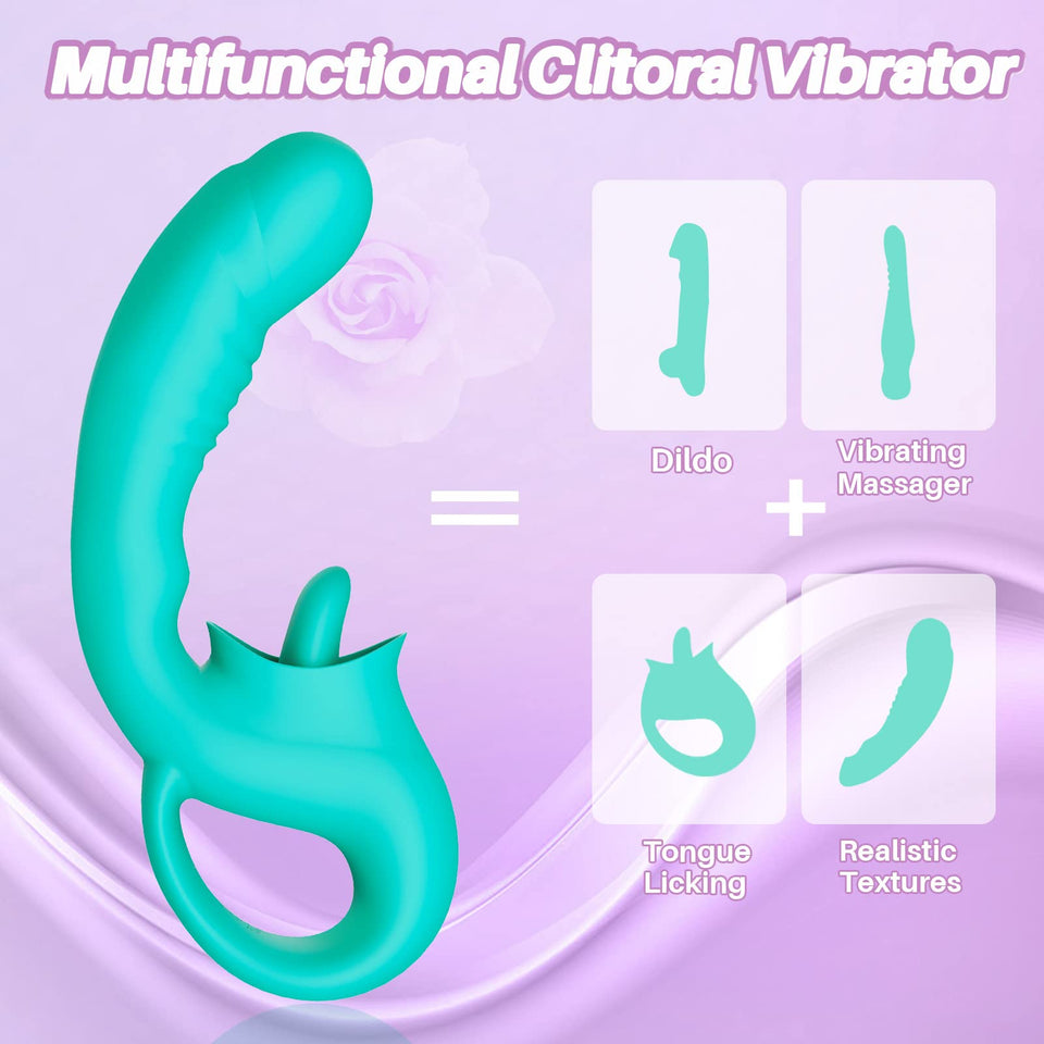 G Spot Clitoral Licking Vibrator, Silicone Dildo Clitoral Stimulator with 10 Licking & Vibrating Modes, Strapless Strap-On Dildo