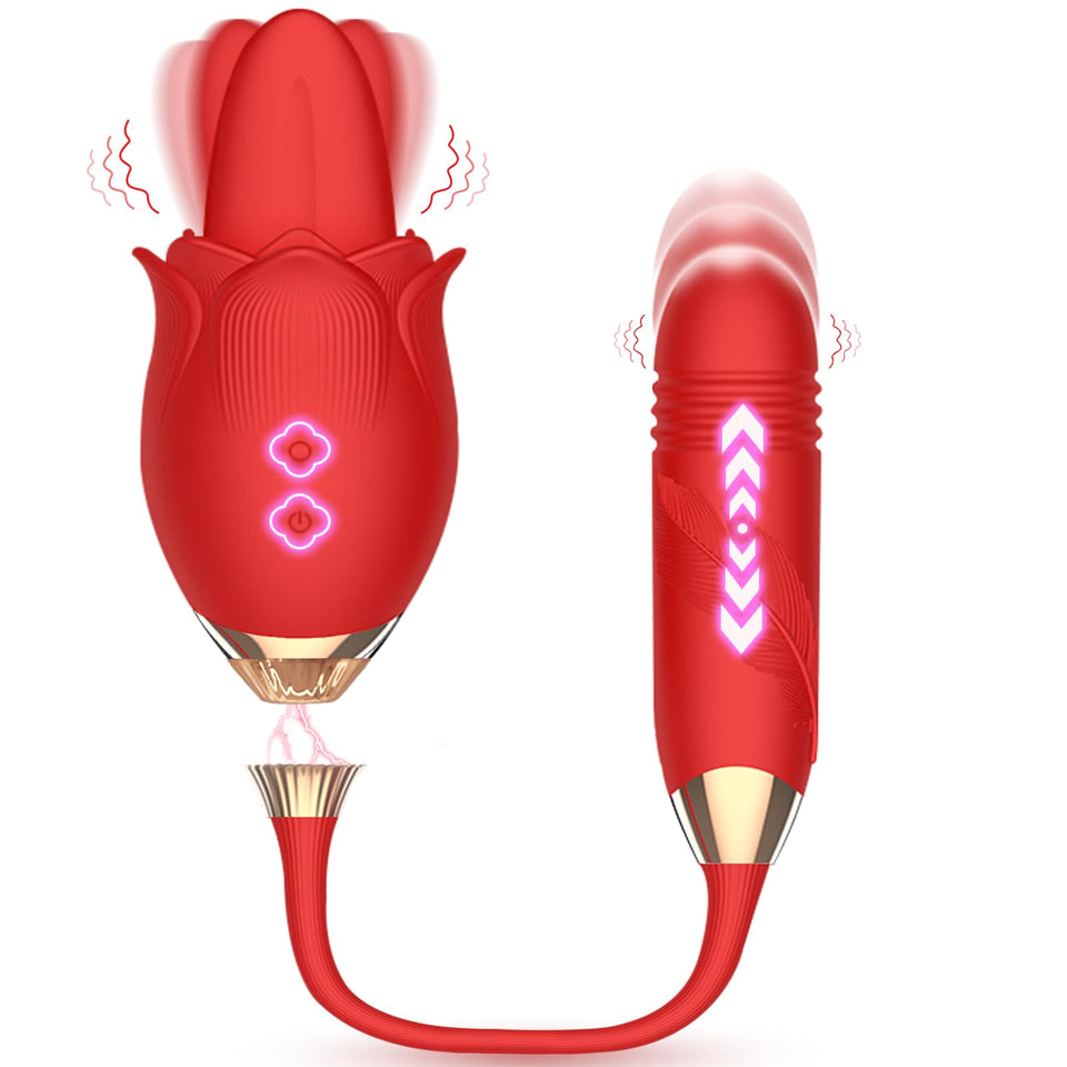 Rose Toys Clitoral Vibrator for Women,3 in 1 Rose Adult Toy,Sex Stimulator for Women with 10 Tongue Licking & Thrusting Dildo G