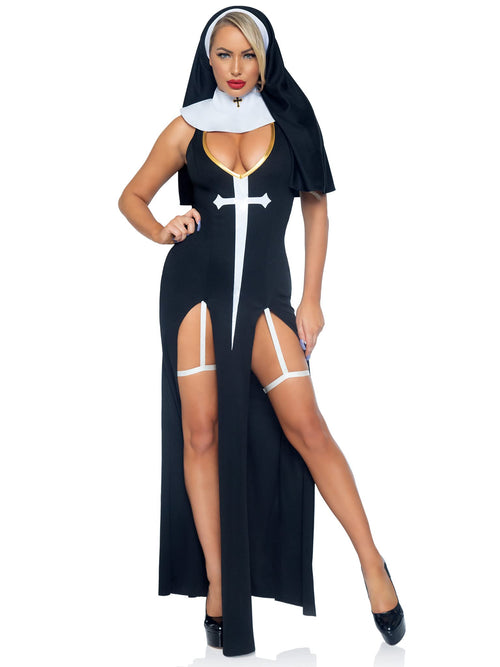 3 Pc Sultry Sinner, Includes Dual Slit Garter Dress With Vinyl Cross Detail, Vinyl Collar, And Nun Habit.