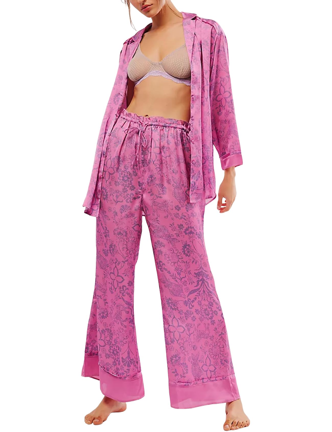 Yimoon Womens Satin Pajama Set Floral Silk Pajamas 2 Piece Cute Long Sleeve Button Down Pjs Sleepwear Lounge Set(RoseRed-L)