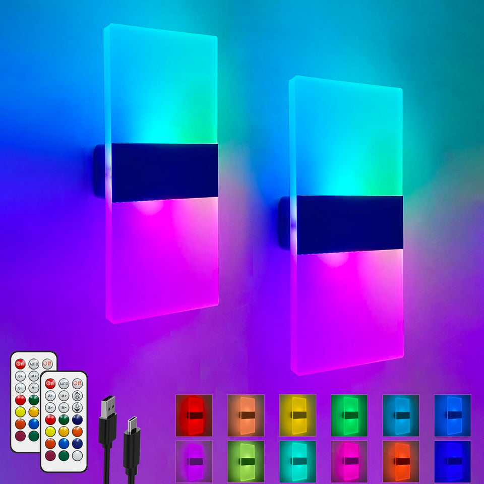 Aozhate Rechargeable Rgb Wall Sconces With Remote Control, Battery Operated - 12 Colors Dimmable Wireless Wall Lamp 2 Pack