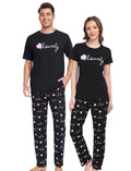 EISHOPEER Cotton Matching Pajamas Love Printed Short T-Shirt and Long Pants Sleepwear Black and Heart Medium