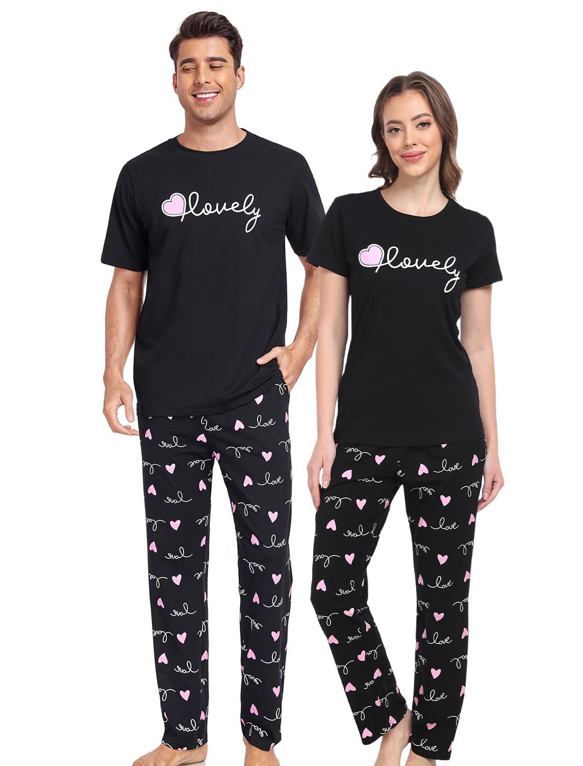 EISHOPEER Husband and Wife Pajamas Cute Printed Short T-Shirt and Long Pants Sleepwear Black and Heart Small