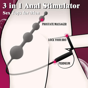 Anal Beads Butt Plug with Penis Cock Rings Adult Anal Sex Toys for Women Men, Flexible Silicone Anal Plug Prostate Massager Grad