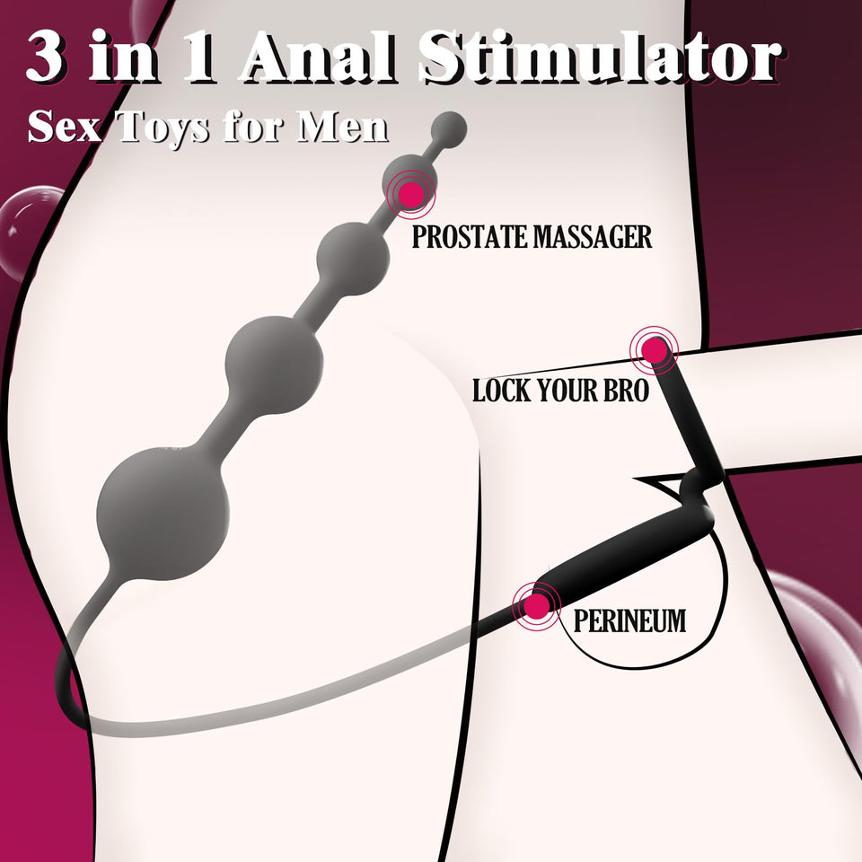 Anal Beads Butt Plug with Penis Cock Rings Adult Anal Sex Toys for Women Men, Flexible Silicone Anal Plug Prostate Massager Grad
