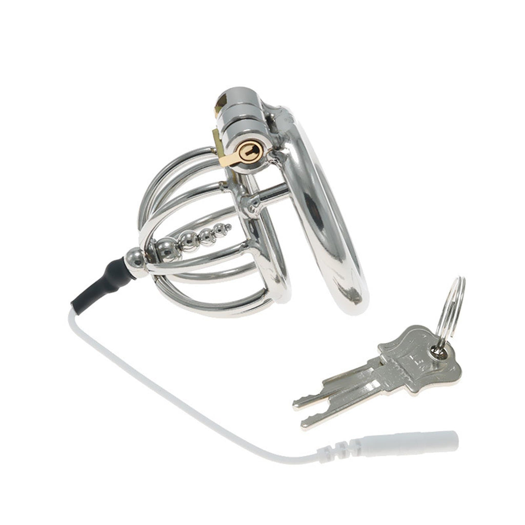 Electric Shock Chastity Lock with Bead Chastity Cage Metal Anal Plug Combination Electric Shock Set Sex Toy(B,L)