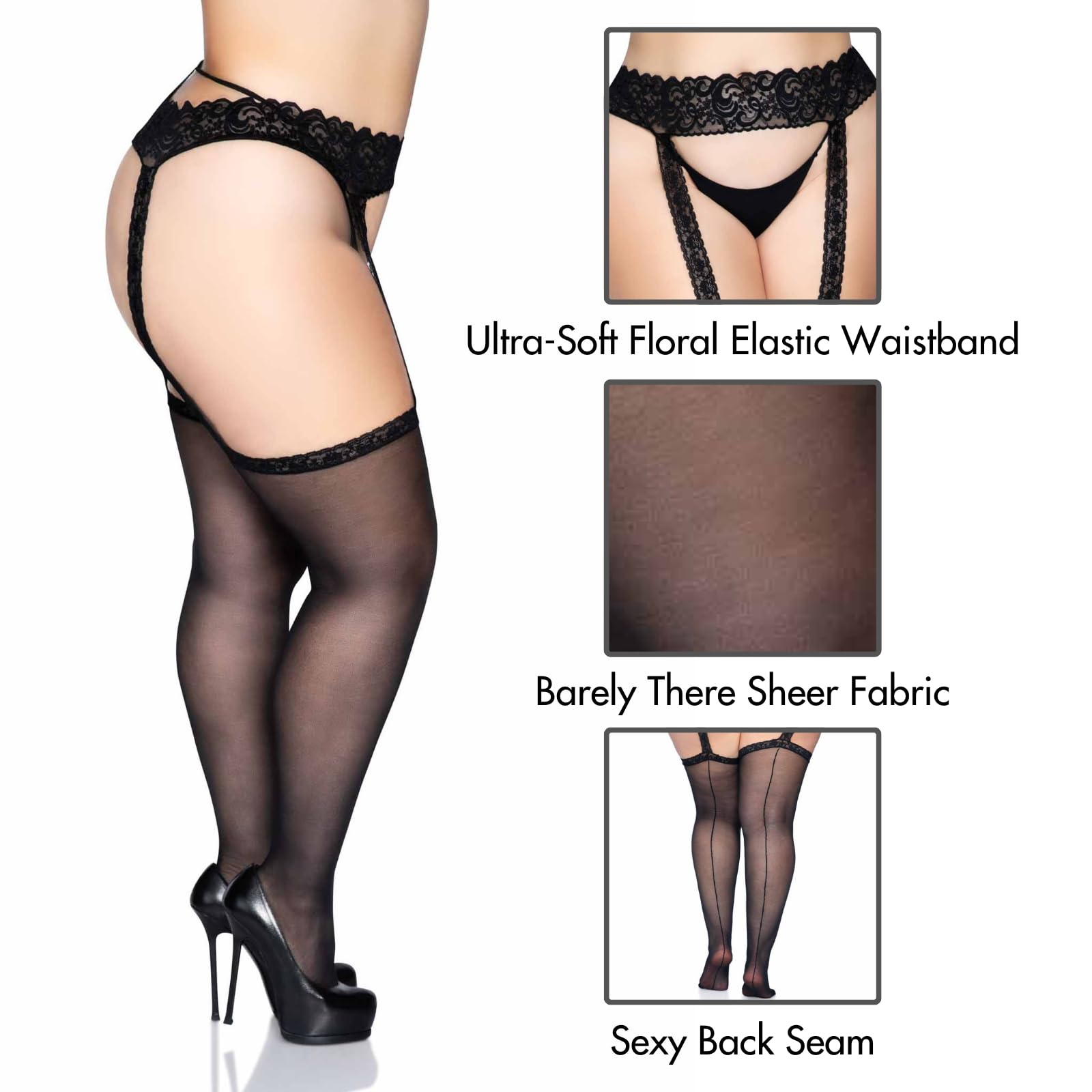 Plus Size Lace Top Sheer Stockings With Backseam And Attached Lace Garter Belt