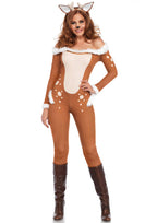 3PC .Darling Deer, includes fur trimmed off the shoulder catsuit with furry fawn tail, clear straps, and matching ear headband