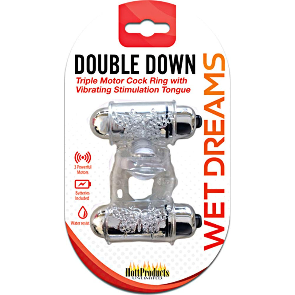 Wet Dreams Double Down Dual Motor Cock Ring W Power Bullet & Stimulator Tongue W Motor