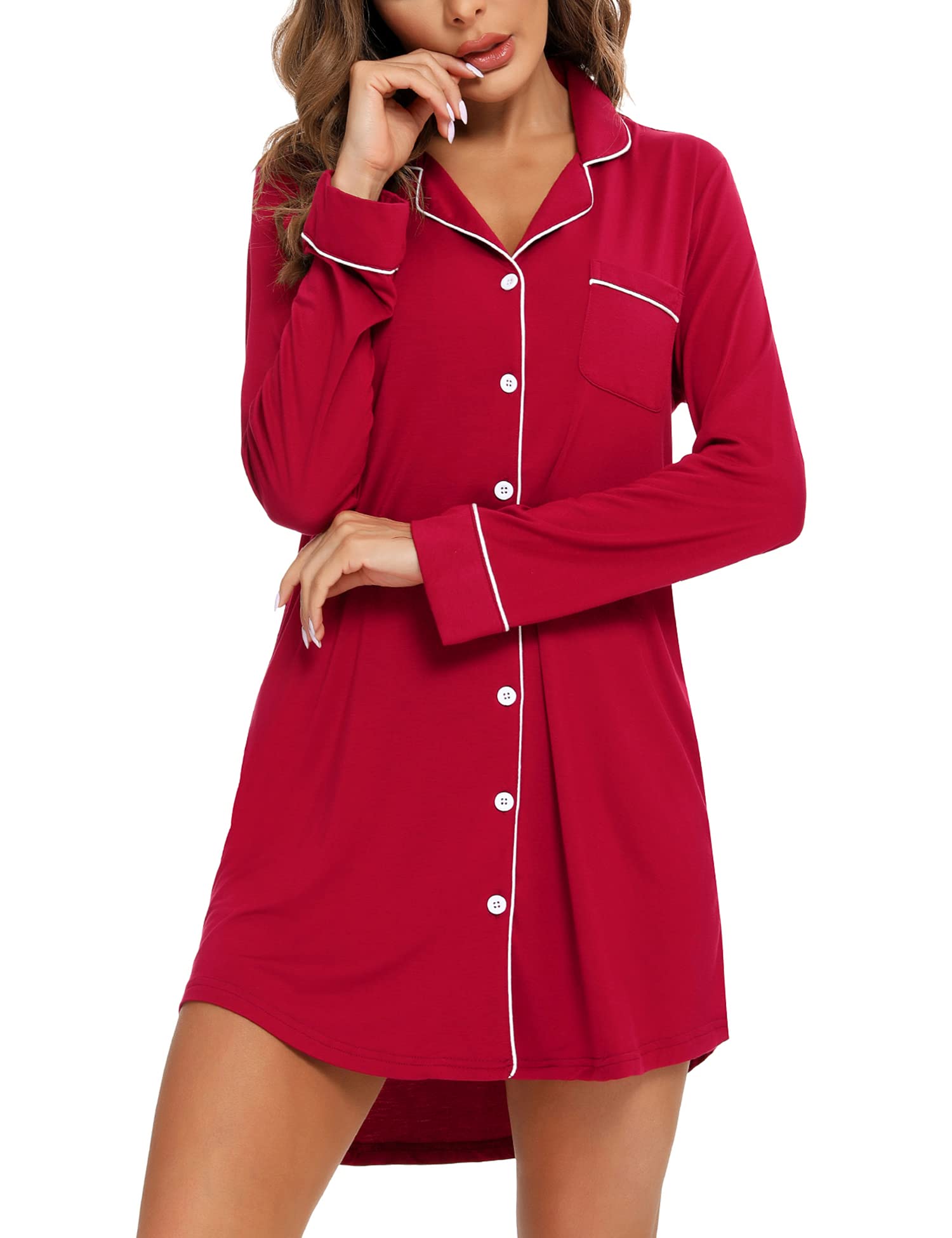 Anjue Night Shirts for Women Sleepwear Womens Nightgown Long Sleeve Sleep Shirt V-Neck Nightshirt(Red,M)