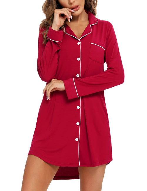 Anjue Night Shirts for Women Sleepwear Womens Nightgown Long Sleeve Sleep Shirt V-Neck Nightshirt(Red,M)
