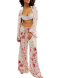 Yimoon Womens Satin Pajama Set Floral Silk Pajamas 2 Piece Cute Long Sleeve Button Down Pjs Sleepwear Lounge Set(White-L)
