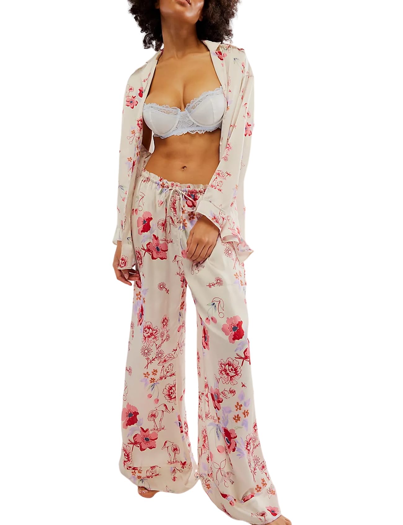 Yimoon Womens Satin Pajama Set Floral Silk Pajamas 2 Piece Cute Long Sleeve Button Down Pjs Sleepwear Lounge Set(White-L)
