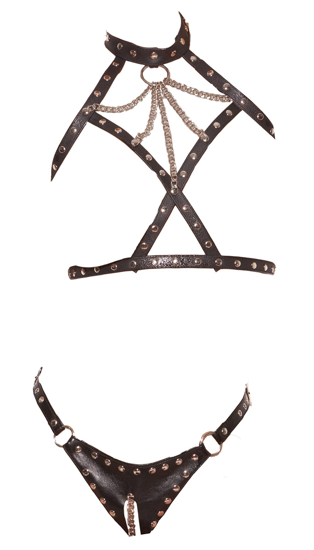 Sexy Leather Halter Neck Bra Set With Chain And O Ring Detail. Adjustable Back Buckle Closure. Matching Leather Cut Out Thong With Adjustable Buckle Side Closure.Available Boxed - Size: One Size - Color: Black