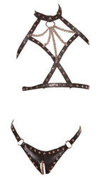 Sexy Leather Halter Neck Bra Set With Chain And O Ring Detail. Adjustable Back Buckle Closure. Matching Leather Cut Out Thong With Adjustable Buckle Side Closure.Available Boxed - Size: One Size - Color: Black