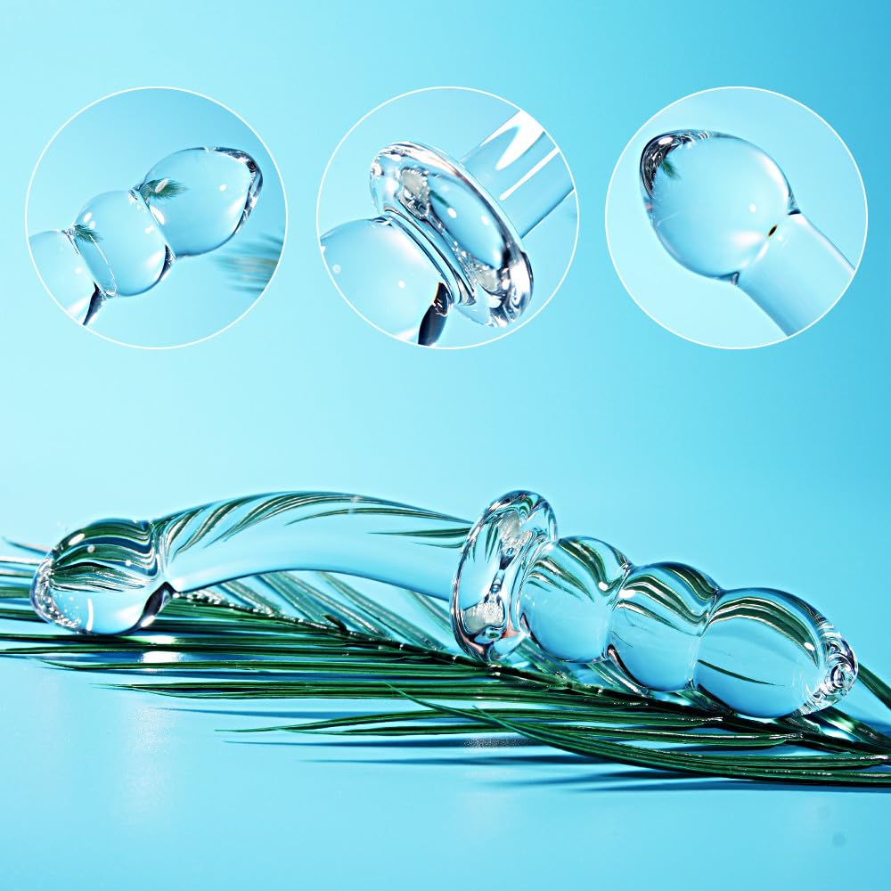 Small Crystal Glass Thin Curved Pleasure Cute Double-Ended Anal Plug Beads Dildo, Beginner Massager Anal Sex Toy Men and Women M