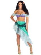 3 Pc Spellbound Mermaid, Includes Pearl Halter Iridescent Bra Top With Chiffon Ruffle Sleeve, Asymmetrical Skirt With Pearl Wais