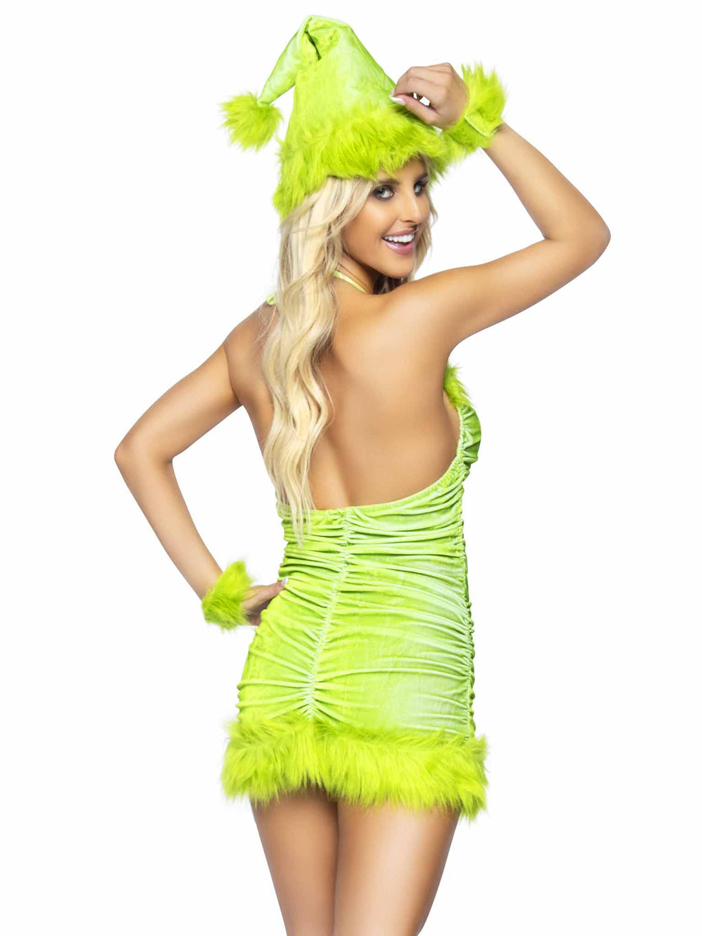3 Pc Christmas Baddie, Includes Ruched Velvet Dress With Tie Back Halter Straps And Fur Trim, Wrist Cuffs, And Hat.