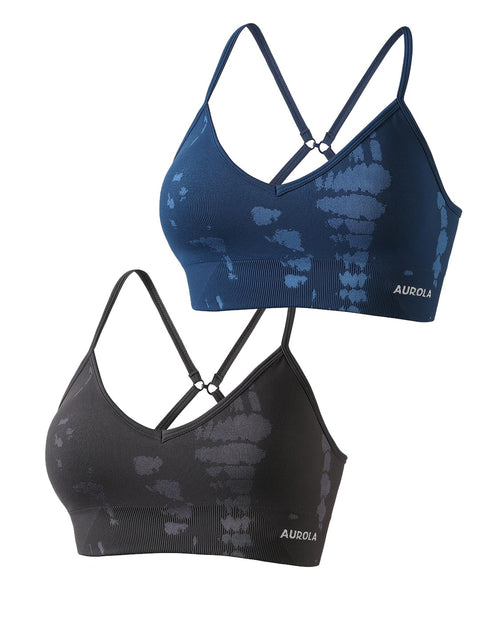 AUROLA Serpent Seamless Sports Bras for Women,Backless Padded Strappy Workout Gym Yoga Crop Tops,Pack(Water Blue+Chestnut Brown)