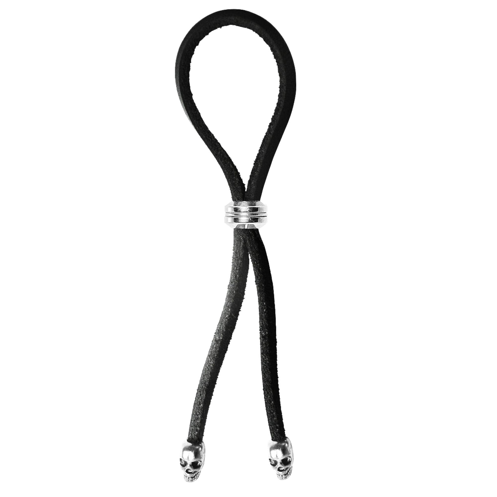 C-RING LASSO SILVER BEAD SLIDER W/ SILVER SKULL TIPS LEATHER