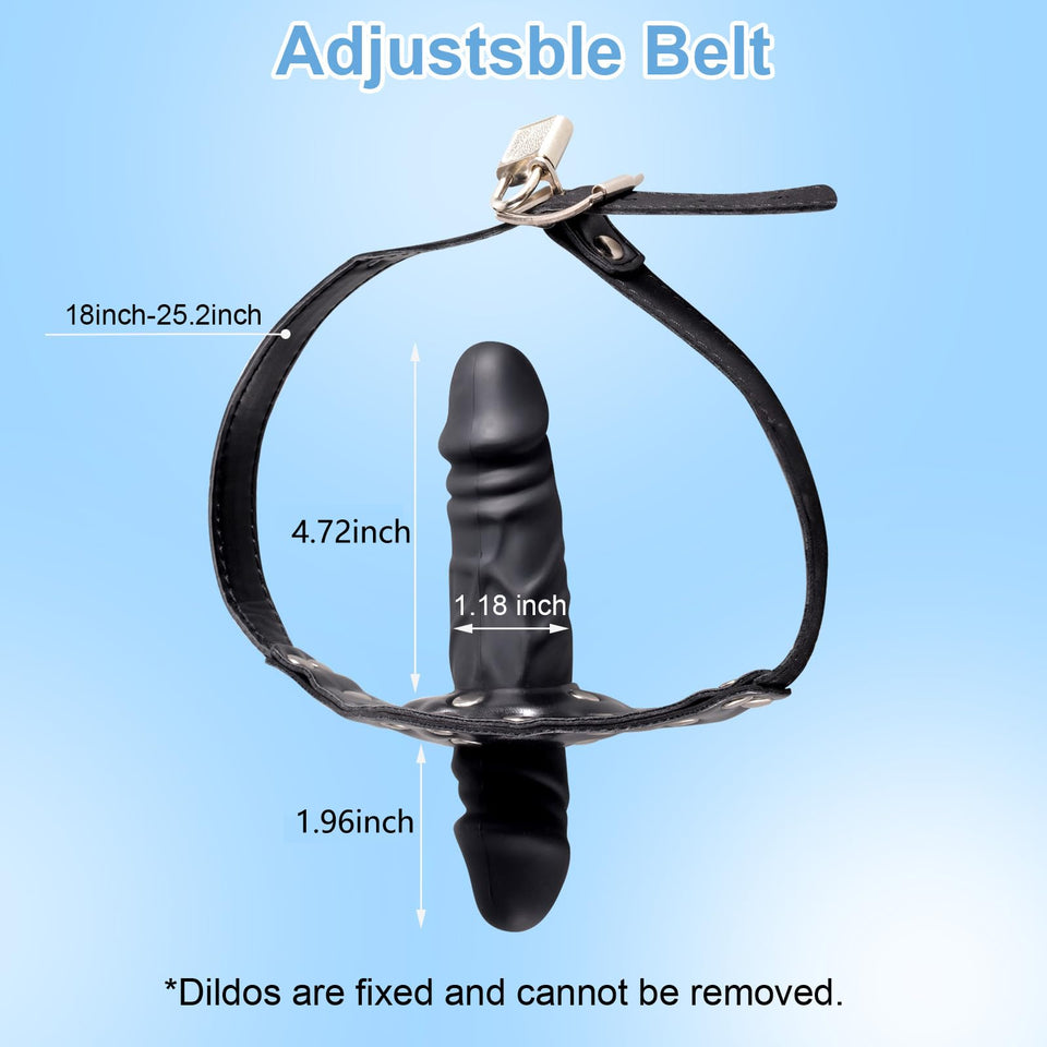 Double-Cock Dildo Penis Mouth Gag Plug, Padlock Ball Gag,Adjustable Bondage Leather Strap,BDSM Sex Toys for Man Women Couple,7.4
