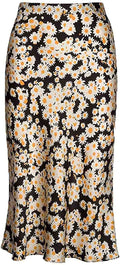 Womens Floral Midi Skirt High Waist Daisy Print Flowers Silk Satin Skirts XL
