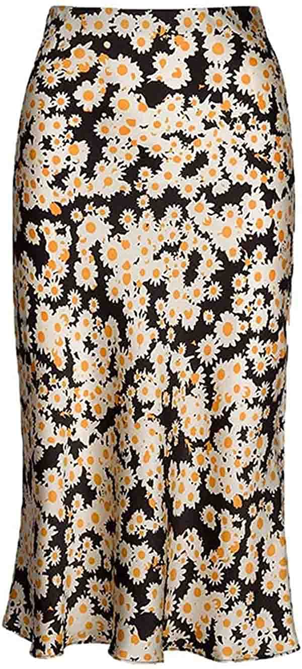 Womens Floral Midi Skirt High Waist Daisy Print Flowers Silk Satin Skirts XL