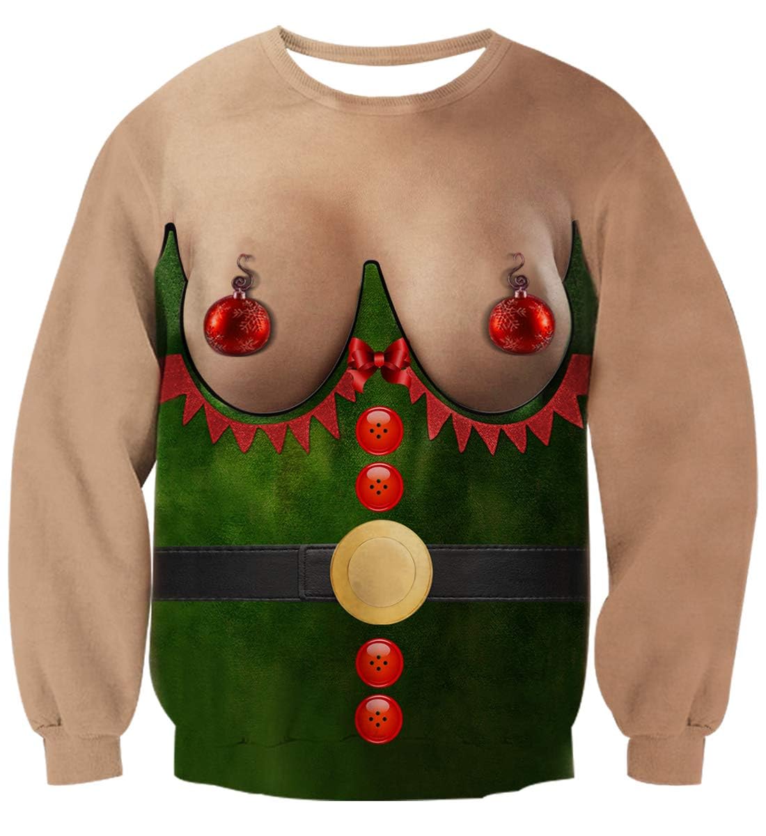 uideazone Men Funny Elf Costume Ugly Christmas Sweater Boobs Print Crew Neck Long Sleeve Pullover Sweatshirts X-mas Shirt