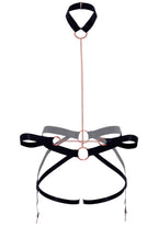 2 Pc Chain Choker Leash Satin Elastic Butt Harness With Side Garters, Rose Gold Hardware, And Matching Wrist Restraints.