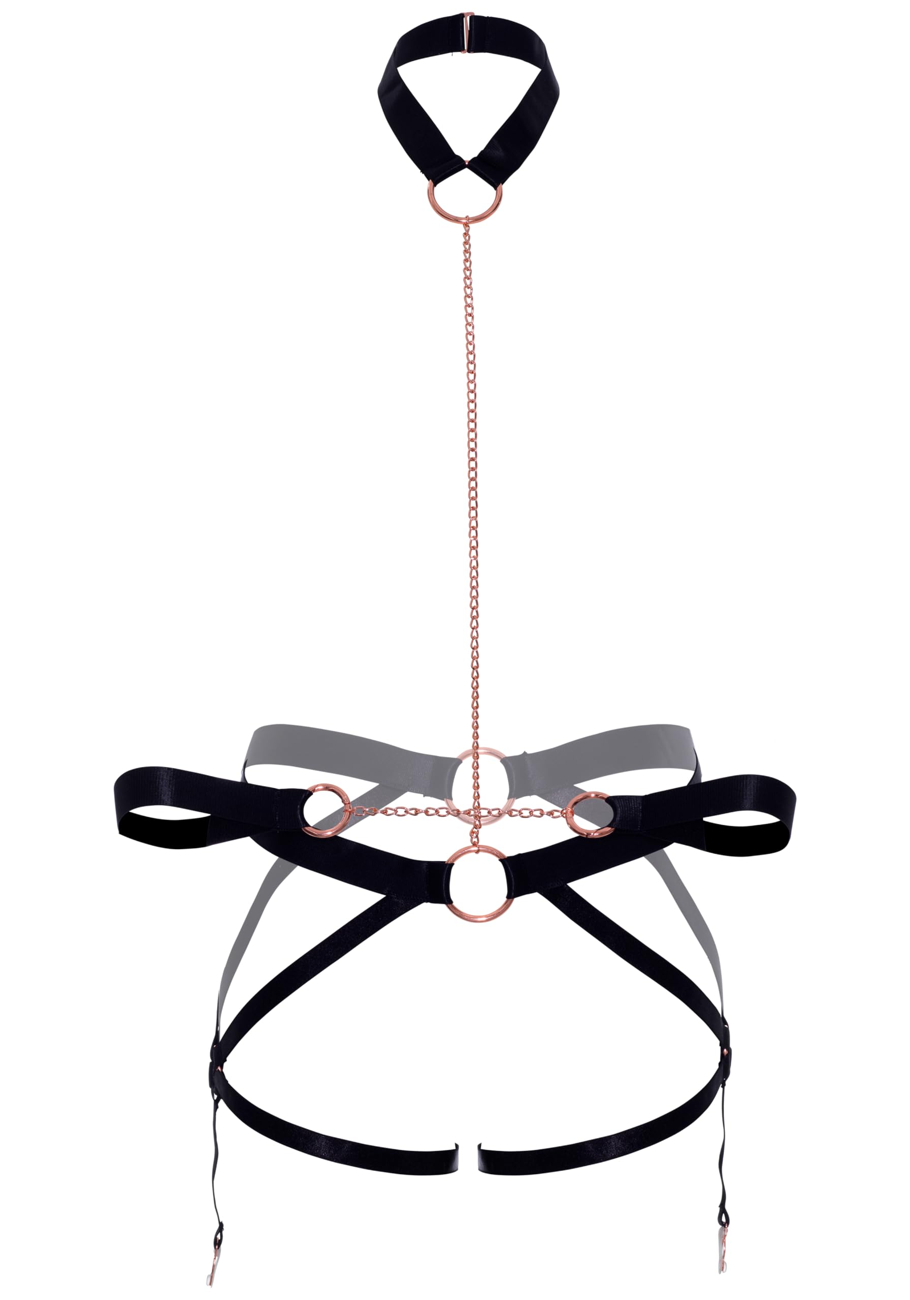 2 Pc Chain Choker Leash Satin Elastic Butt Harness With Side Garters, Rose Gold Hardware, And Matching Wrist Restraints.