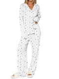 Dressmine Womens Floral Pajamas Set Long Sleeve 2 Piece Winter Y2K Cute Matching Causal Print Lounge Pjs Shirt White S