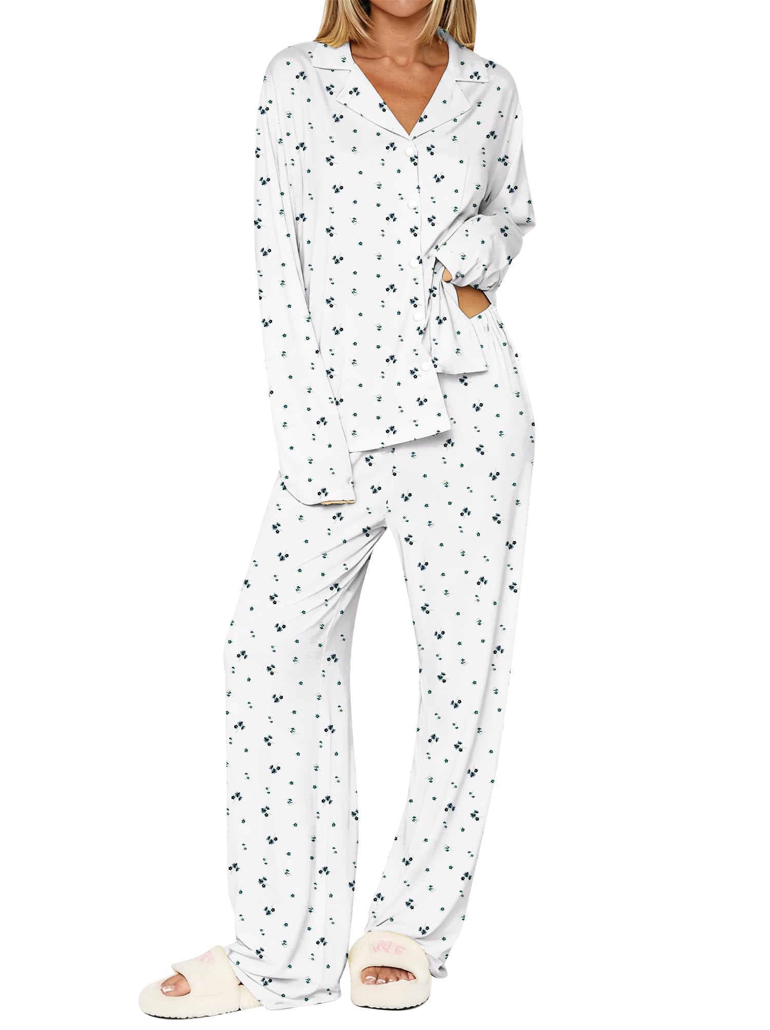 Dressmine Womens Floral Pajamas Set Long Sleeve 2 Piece Winter Y2K Cute Matching Causal Print Lounge Pjs Shirt White S