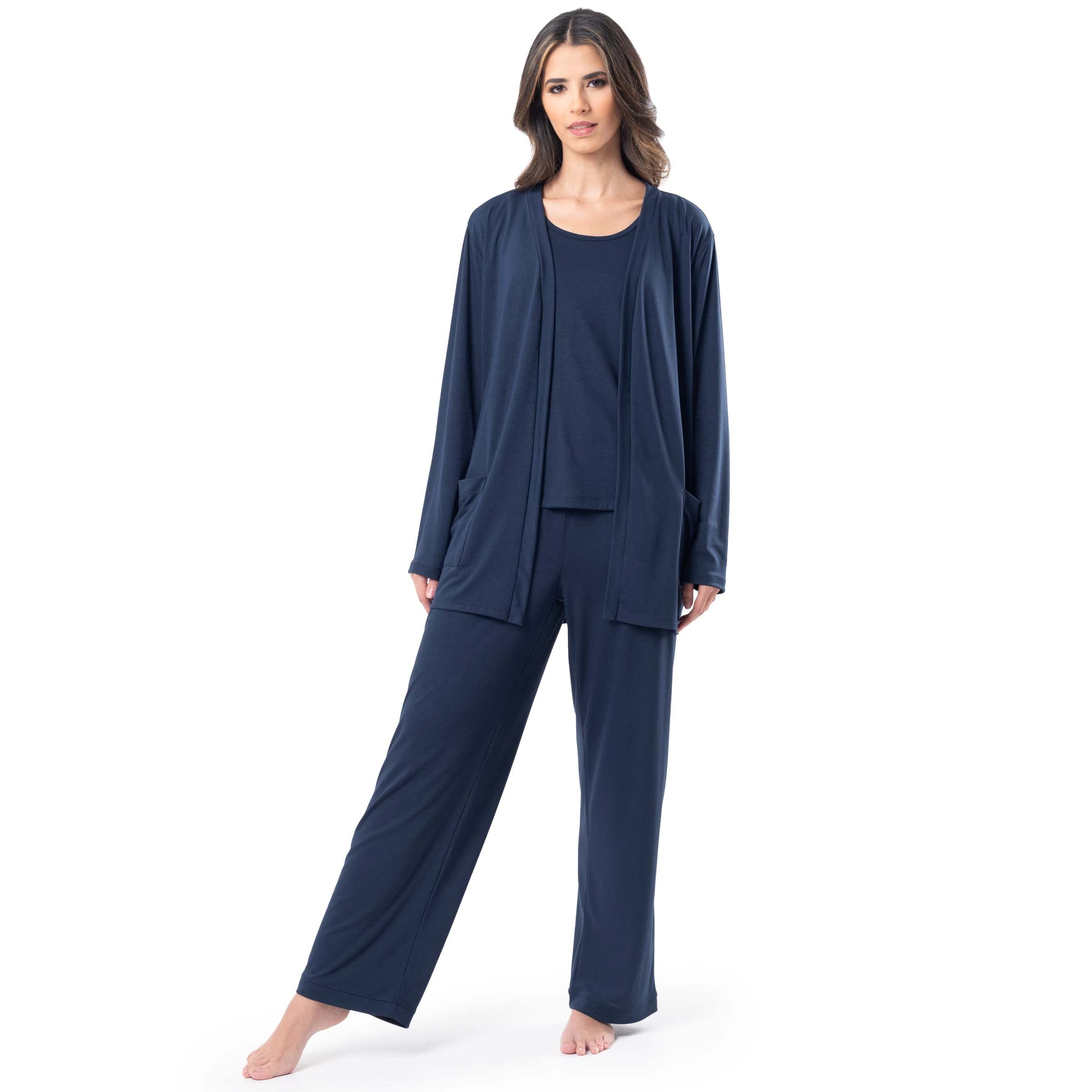 Fruit of the Loom Womens Breathable Tank Top, Pant, and Cardigan Sleep Set, Midnight Blue, Medium
