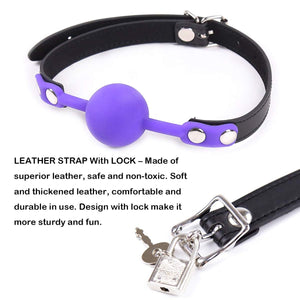 RYOZOCH SM Silicone Ball Gag with Lock Leather Strap BDSM Adult Sex Toys Bondage Kit Restraints Play (1.5in Ball, Purple+Black)