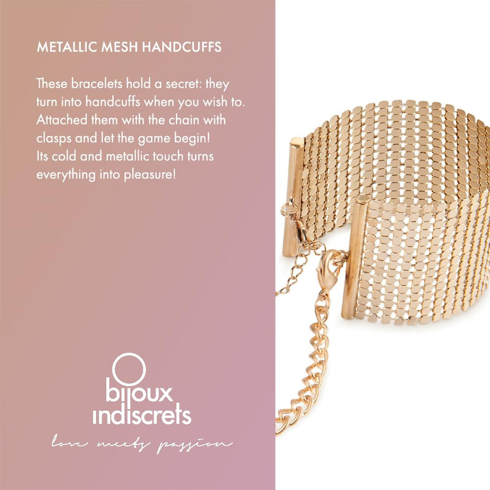 Bijoux Indiscrets Desir Gold Metallique Mesh Handcuffs for Women for Sex - BDSM Cuffs Adjustable Bracelet - Hand Cuff for Adults
