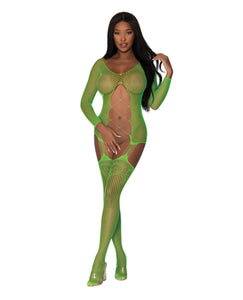 Magic Silk Seamless Fishnet Gartered Catsuit Lime Os
