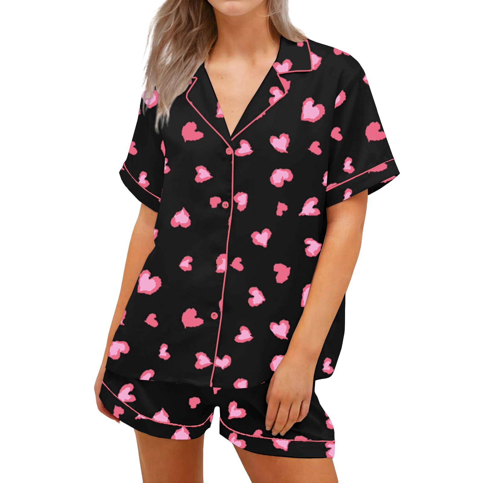Women 2pcs Valentines Satin Heart Print Pajamas Set Short Sleeve V-Neck Button Down Front Shorts Sleepwear (Black, M)