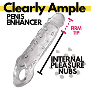 Size Matters Clearly Ample Penis Enhancer With Strechy Ball Strap For Men, Women, And Adult Couples, Reusable Extender Sleeve For Size Length And Girth, Soft, And Firm With Textured Nubs, 9.1 Inch