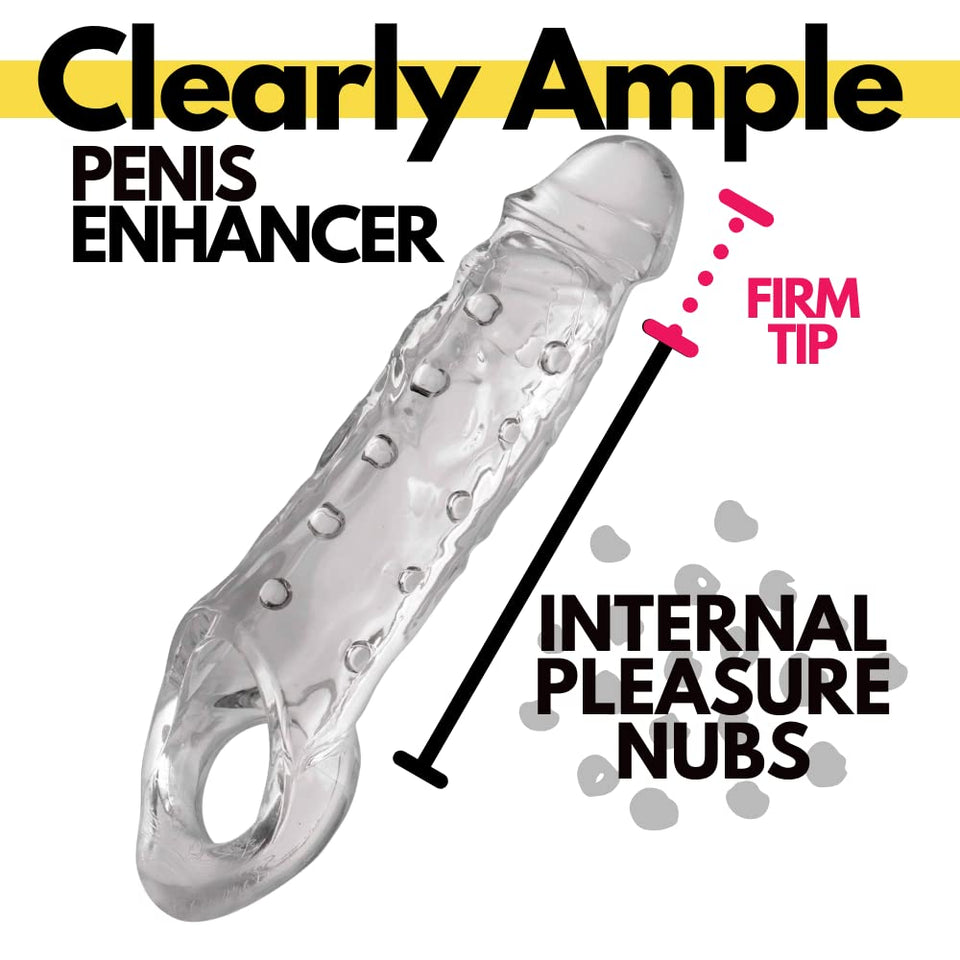 Size Matters Clearly Ample Penis Enhancer With Strechy Ball Strap For Men, Women, And Adult Couples, Reusable Extender Sleeve For Size Length And Girth, Soft, And Firm With Textured Nubs, 9.1 Inch