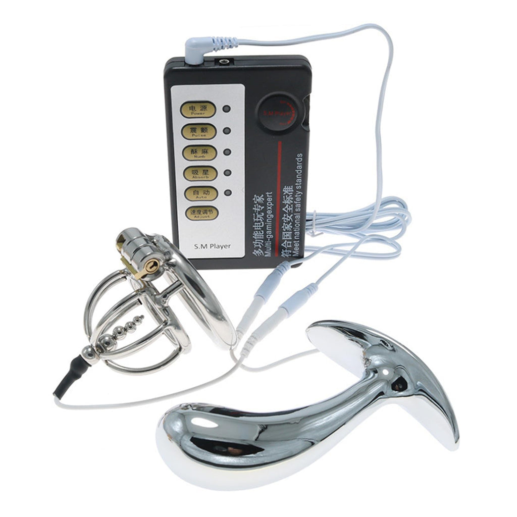 Electric Shock Chastity Lock with Bead Chastity Cage Metal Anal Plug Combination Electric Shock Set Sex Toy