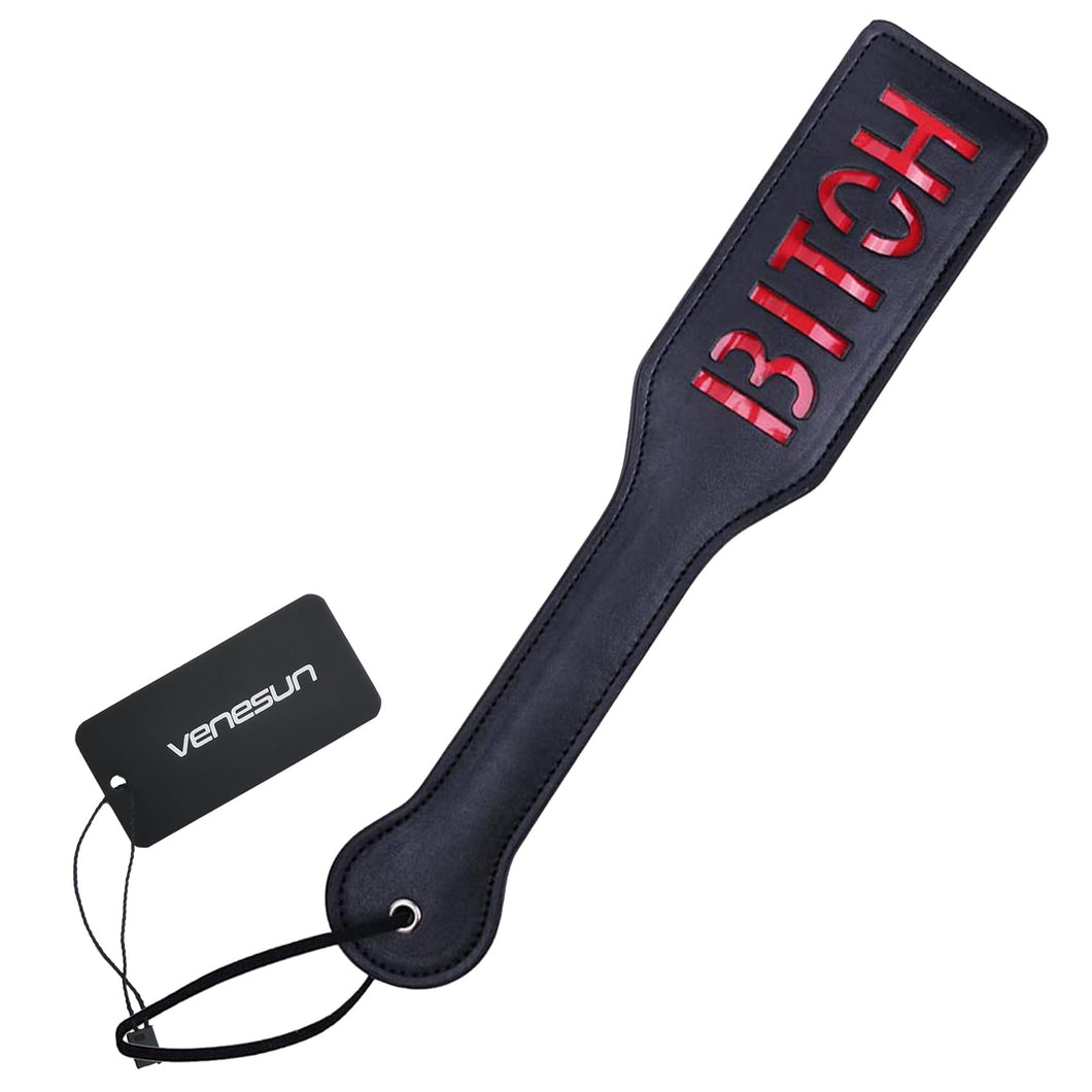 VENESUN Bitch Spanking Paddle for Adults, 12.8inch Faux Leather BDSM Paddle for Sex Play, Black