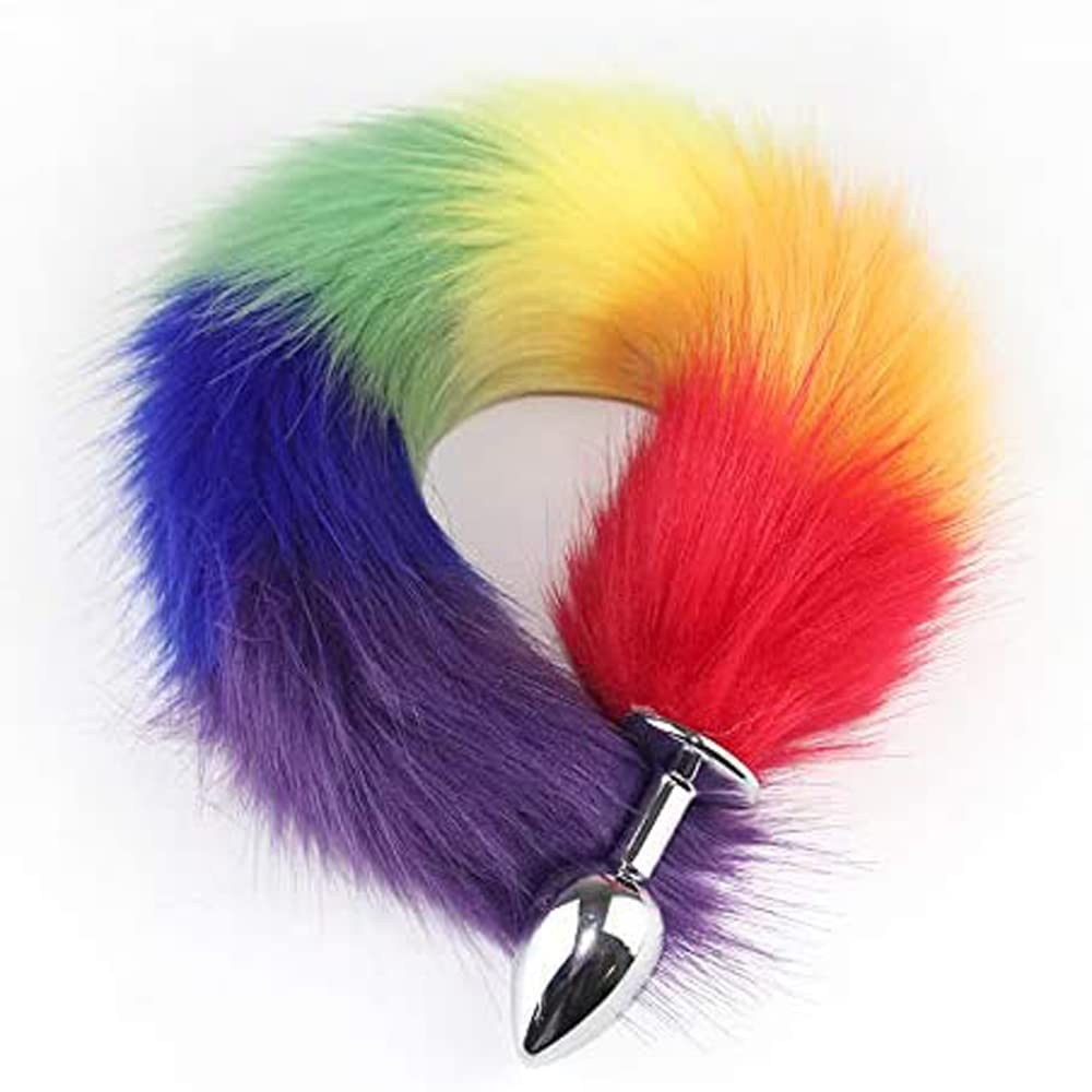 OOIIXX Anal Plug with Sexy Tail for Cosplay, Adult Sex Toys of Stainless Steel Anal Plug (Rainbow, Medium)