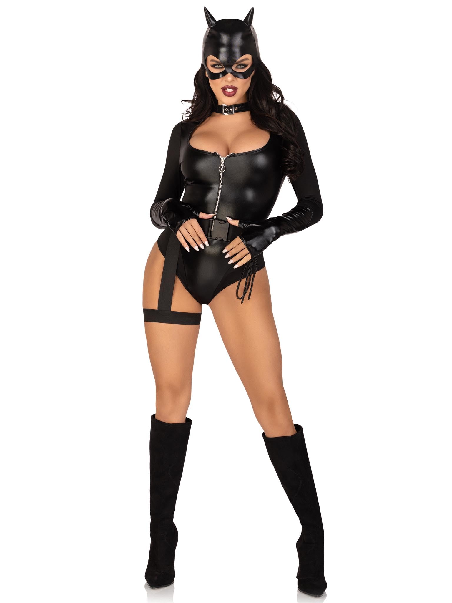 3 Pc Fierce Feline, Includes Gloved Snap Crotch Bodysuit, Belt With Attached Garter, And Cat Ear Skull Cap.