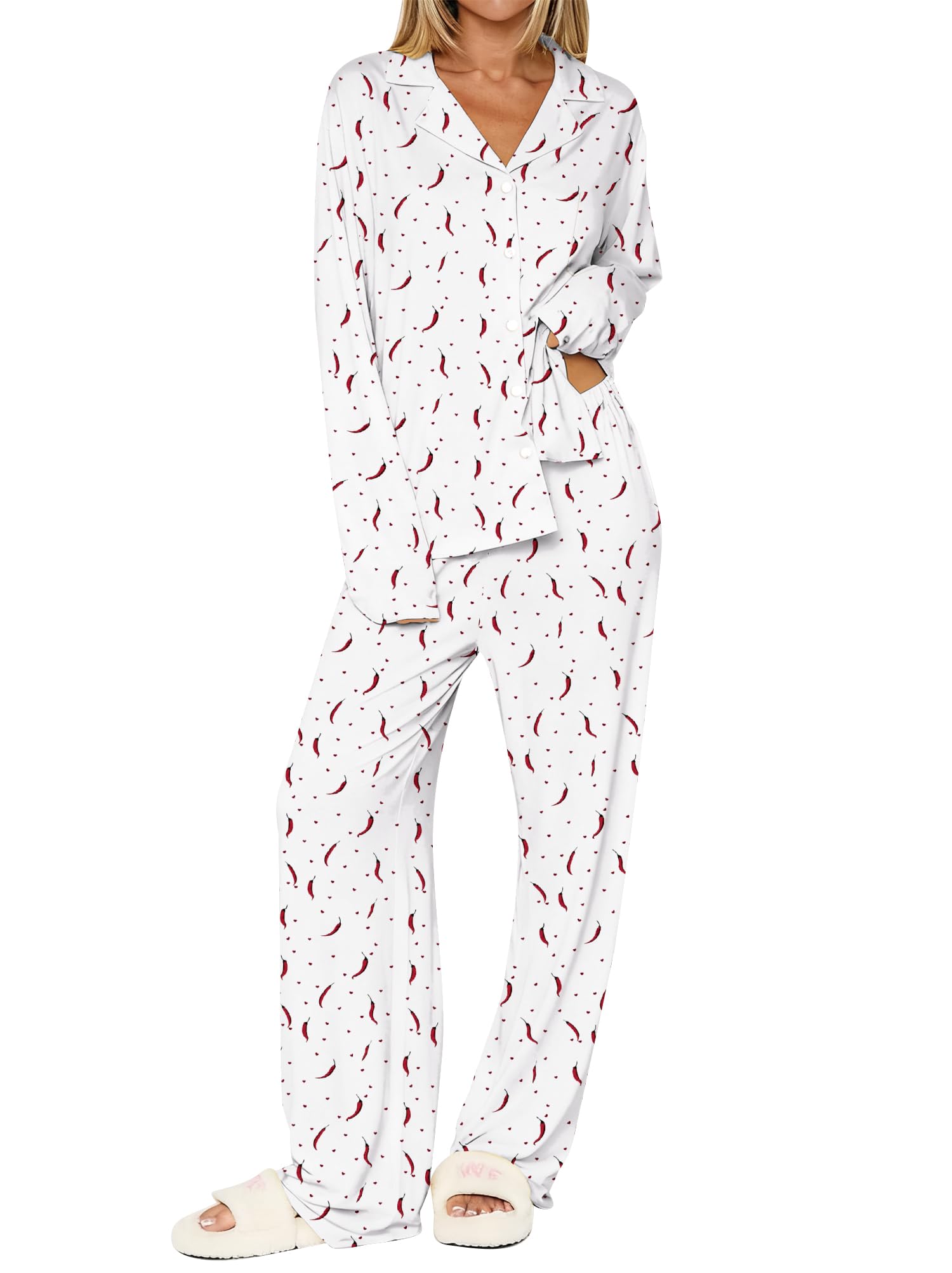 Dressmine Womens Print Long Sleeve Button Down V Neck Pajamas Sets Casual Ladies Sleepwear Cute Matching Pj Set Pink M