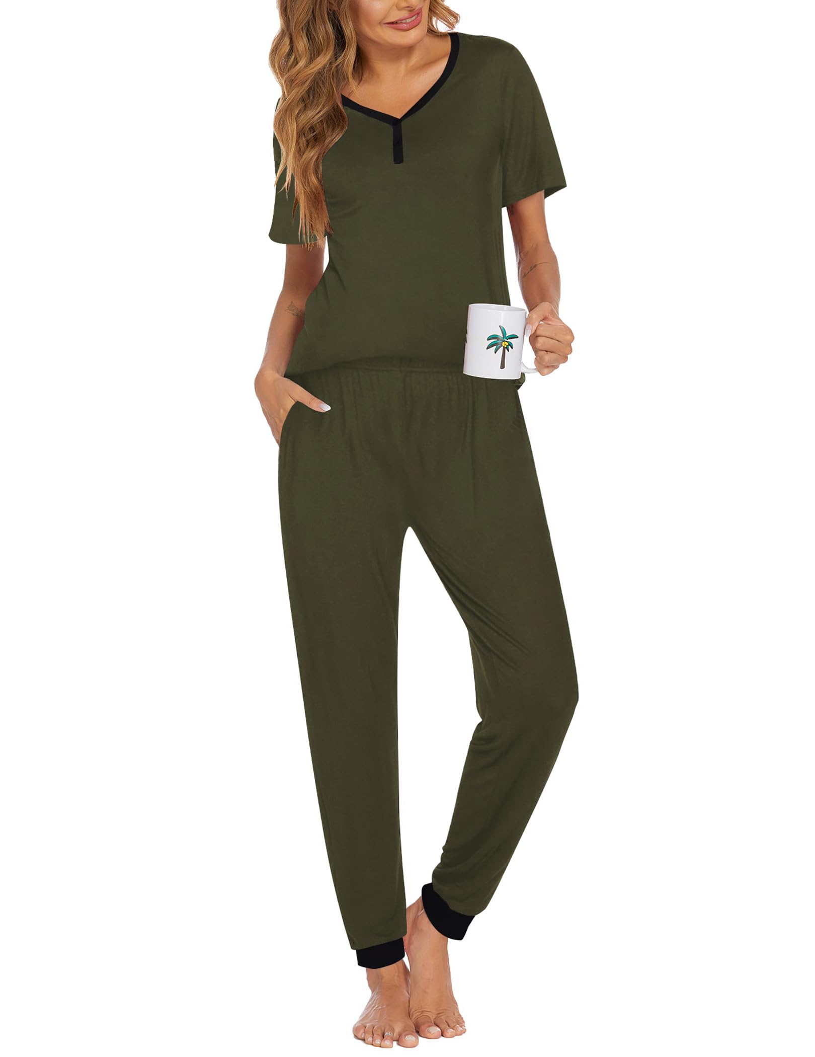 Ekouaer Pajamas for Women Set 2 Piece Lightweight Summer Lounge Sets Short Sleeve Tops Joggers Long Pants Pjs with Pockets Deep 