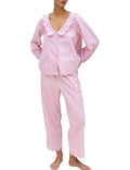 Kissonic Womens Gingham Pajama Set 2 Piece Scalloped Edge Plaid Babydoll Pjs Long Sleeve Cotton Sleepwear Lounge Set(Pink-M)