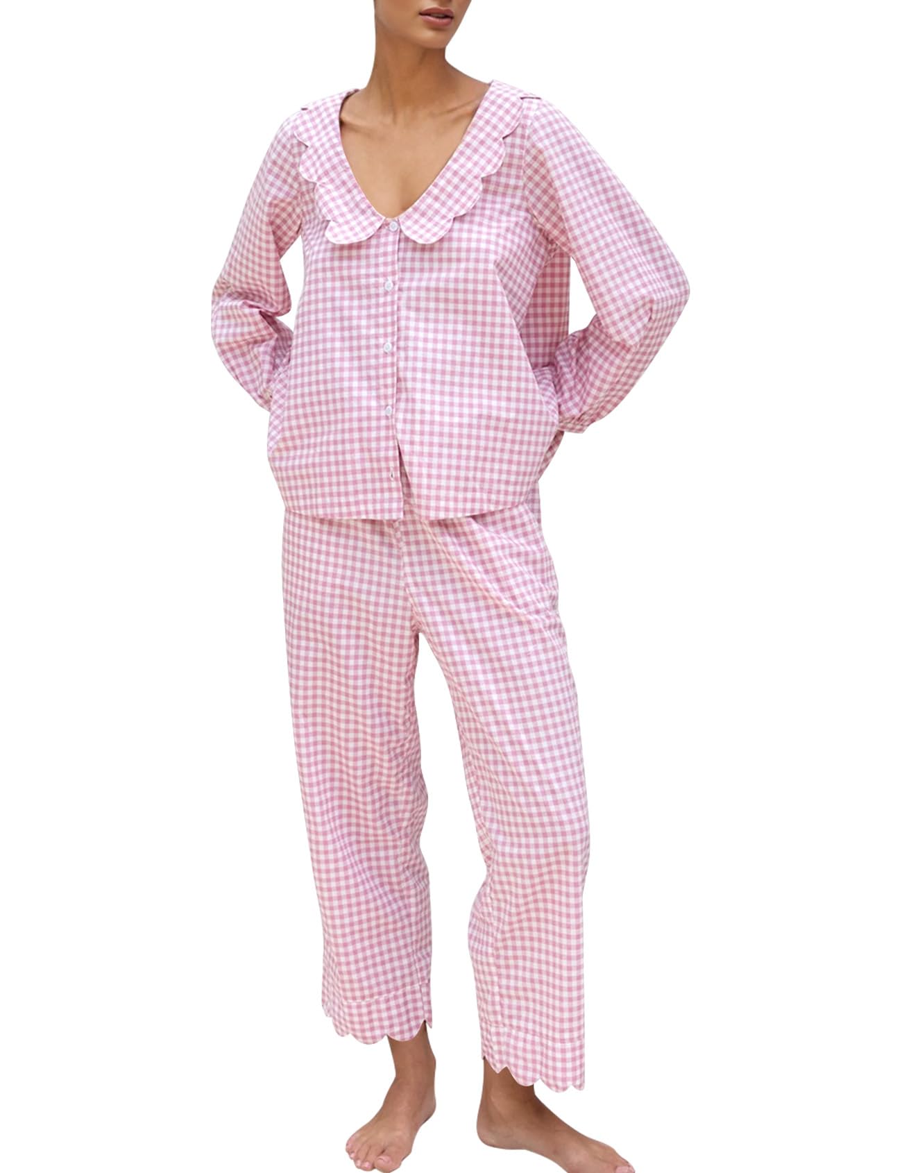Kissonic Womens Gingham Pajama Set 2 Piece Scalloped Edge Plaid Babydoll Pjs Long Sleeve Cotton Sleepwear Lounge Set(Pink-M)