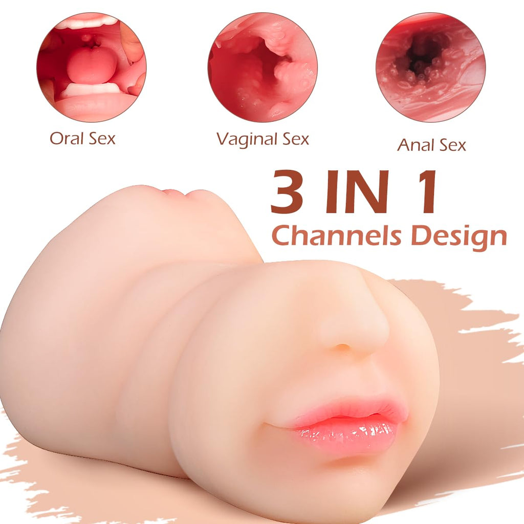 3 in 1 Pocket Pussy Male Masturbators with Lifelike Face, Sex Doll with Realistic Textured Mouth Vagina and Tight Anus, Masturba